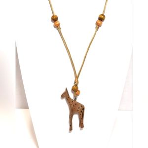 Hand Carved Wood Giraffe Wood Beaded Corded Necklace
